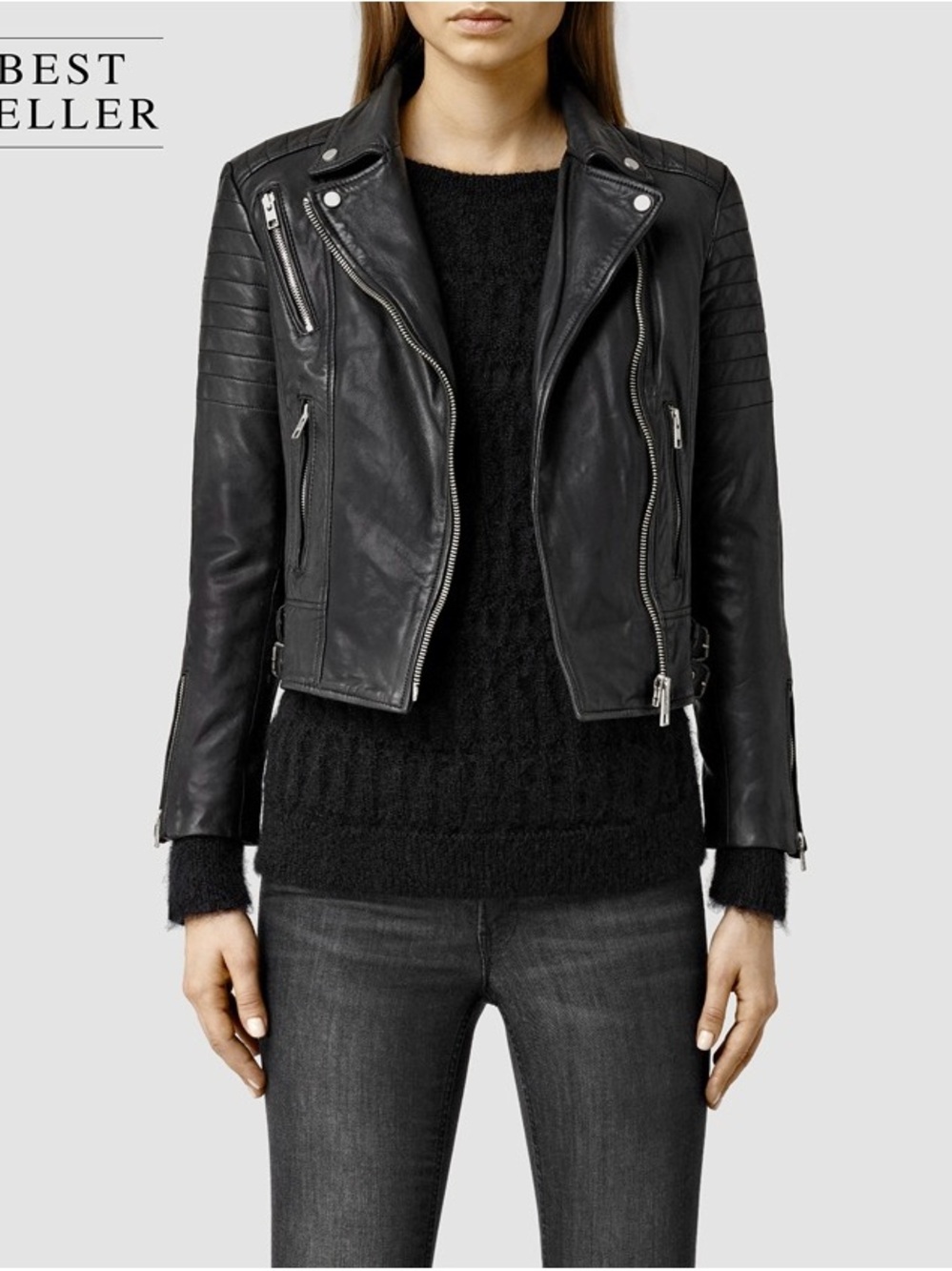 AllSaints Black Leather Papin Moto Jacket - Picture 2 of 9